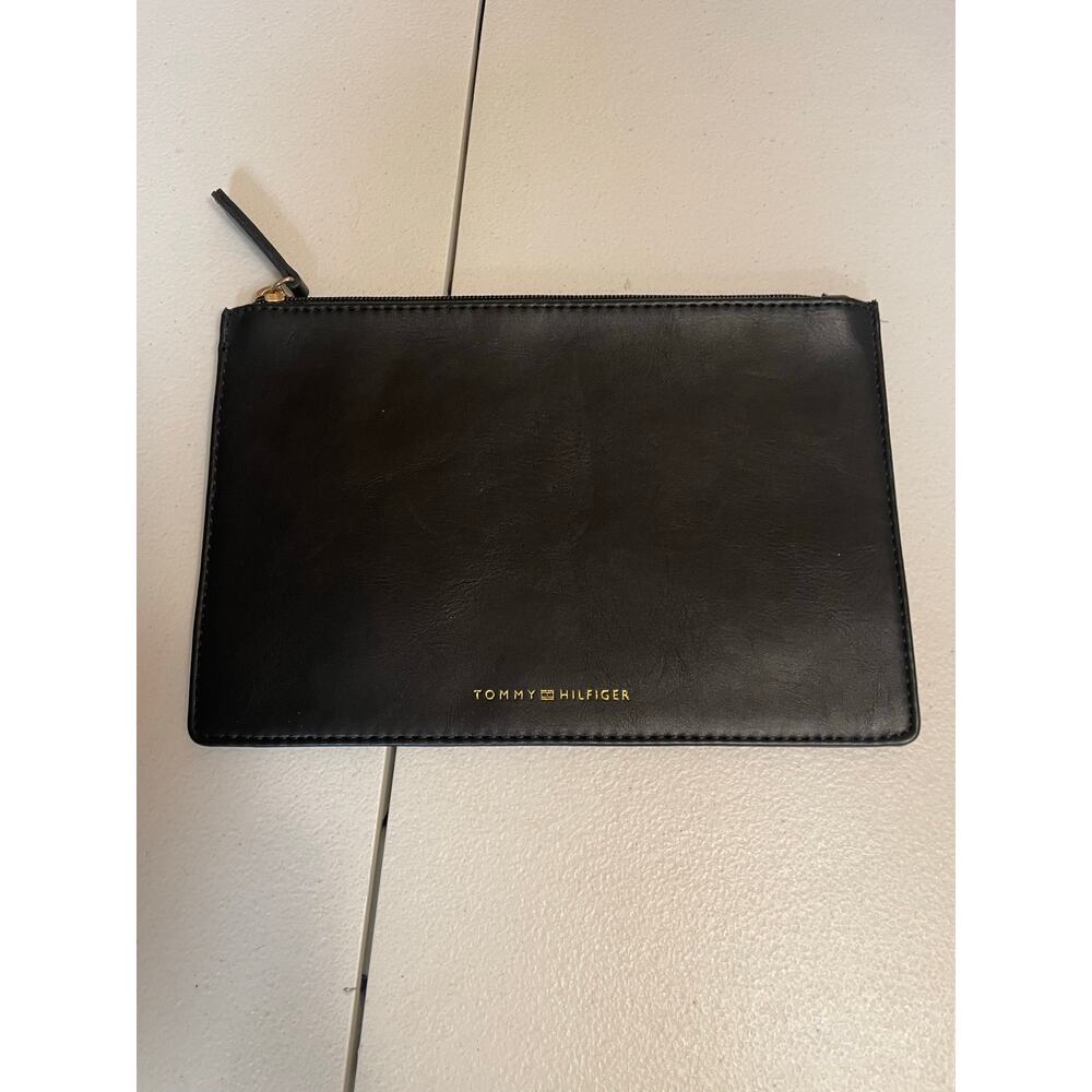 Tommy Holfiger black leather zip bag 9.25” x 6”‎ purse pouch